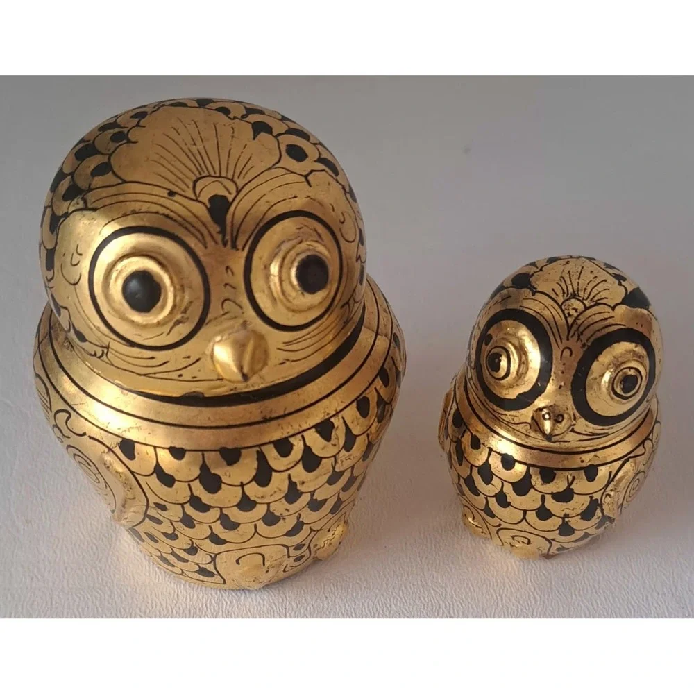 Vintage Burmese Owl Gold Gilt Lacquer Nesting Boxes Set Of 2